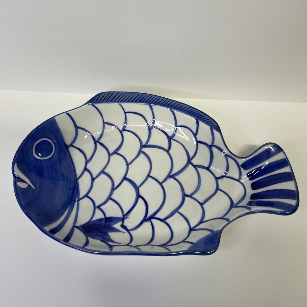 Dansk Blue and White Fish Serving Plate Dish 11" Long By 1 .5" Deep